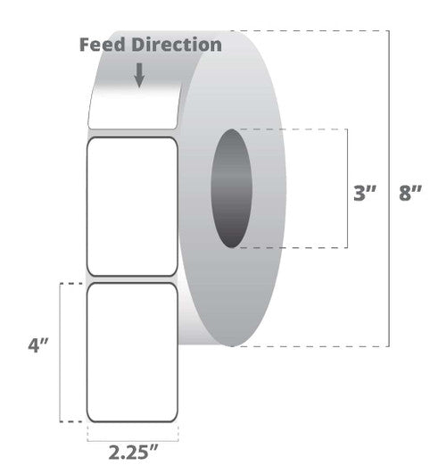 Étiquettes 72278 - Étiquette thermique directe Zebra 2.25" x 4" (57.2 mm x 101.6 mm) Z-Select 4000D - Noyau 3 - 1260 étiquettes/rouleau - 8 rouleaux par caisse